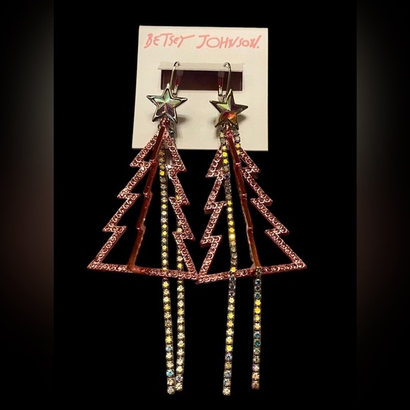 BETSEY JOHNSON Open Pink with Crystal Strand Christmas Tree Dangle Earrings NWT - Picture 1 of 3
